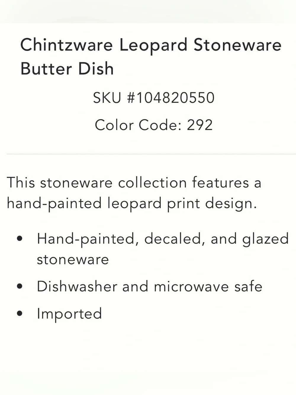 New! NWT Anthropologie Chintzware Leopard Stoneware Butter Dish